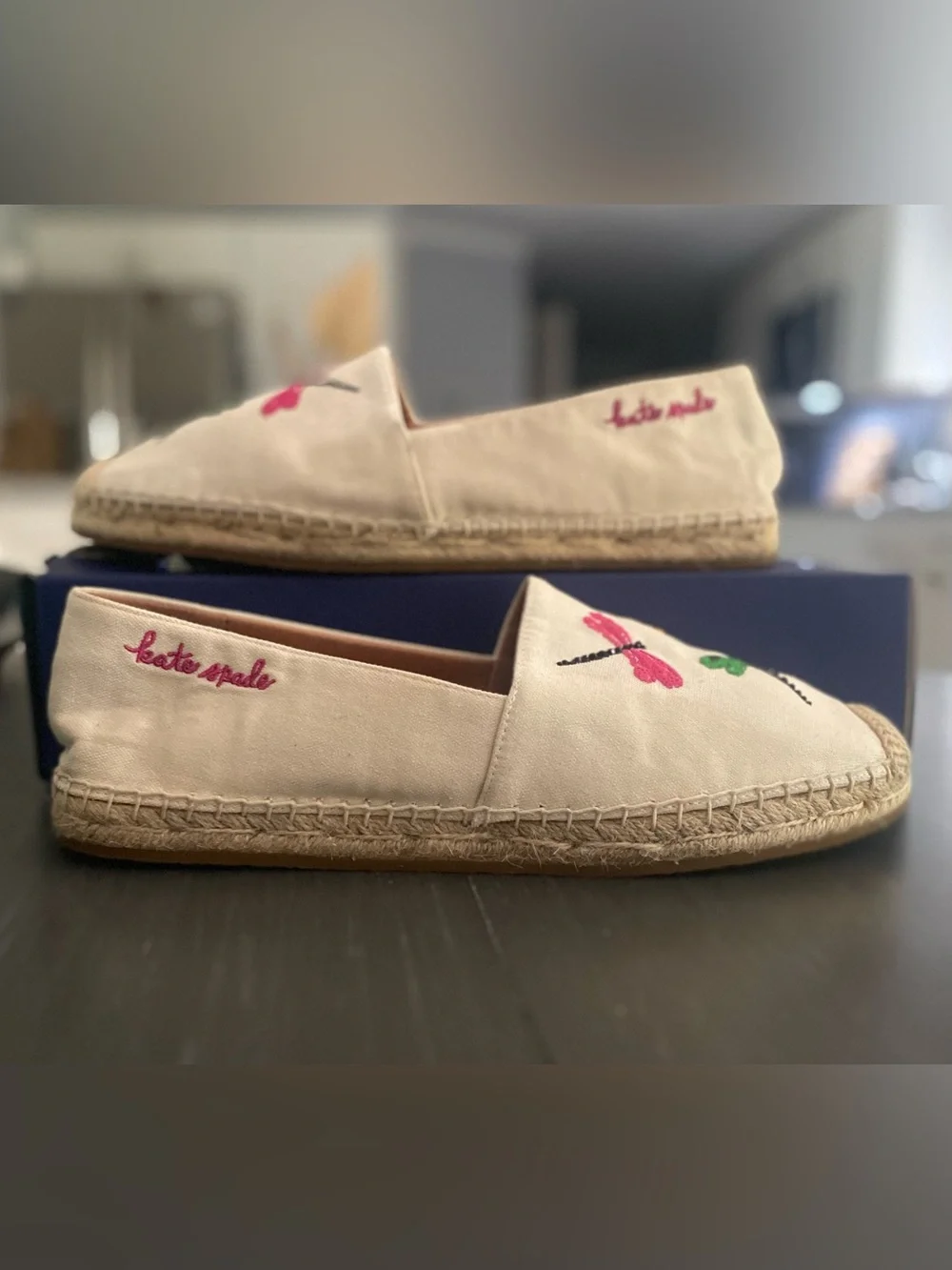 kate spade cream espadrilles with pink, yellow and green dragonfly embroidery
